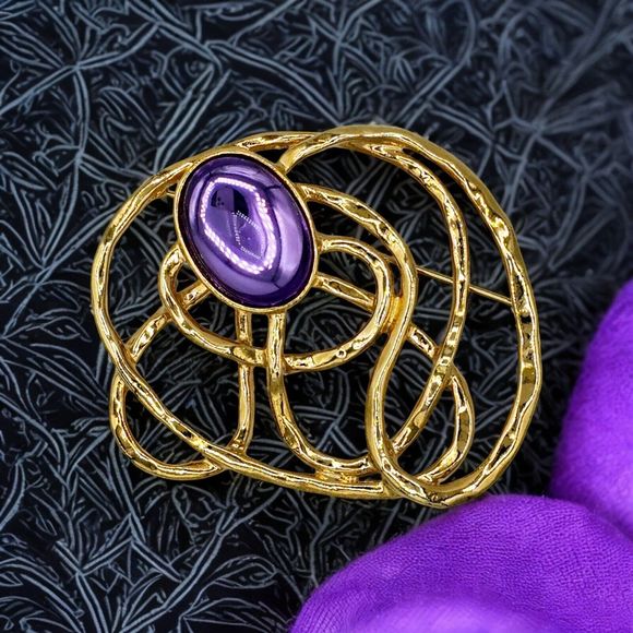Avon Purple Cabochon Brooch Vintage Lucite Gold Tone Web Jumbo Statement Pin 3" - Picture 6 of 11